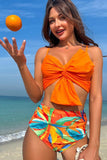 Oranje Strand Vakantie Tropische Plant Print Front Knoop Bikini Set