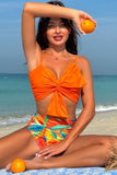 Oranje Strand Vakantie Tropische Plant Print Front Knoop Bikini Set