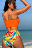 Oranje Strand Vakantie Tropische Plant Print Front Knoop Bikini Set