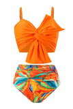 Oranje Strand Vakantie Tropische Plant Print Front Knoop Bikini Set