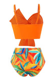 Oranje Strand Vakantie Tropische Plant Print Front Knoop Bikini Set