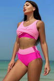 Roze Fuchsia Color Block High Waisted Twist Front Tweedelige Badpakken