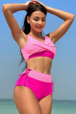 Roze Fuchsia Color Block High Waisted Twist Front Tweedelige Badpakken