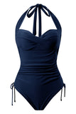 Navy Halter Trekkoord Gekroost Criss Cross Effen Kleur Badpak uit één stuk