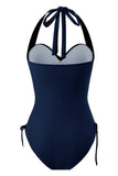 Navy Halter Trekkoord Gekroost Criss Cross Effen Kleur Badpak uit één stuk