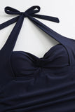 Navy Halter Trekkoord Gekroost Criss Cross Effen Kleur Badpak uit één stuk