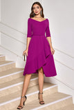 Grape Purple Asymmetrische Midi Cocktailjurk met Halve Mouwen