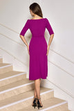 Grape Purple Asymmetrische Midi Cocktailjurk met Halve Mouwen