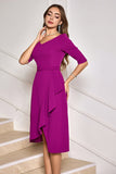 Grape Purple Asymmetrische Midi Cocktailjurk met Halve Mouwen