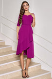 Grape Purple Asymmetrische Midi Cocktailjurk met Halve Mouwen