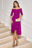 Grape Purple Asymmetrische Midi Cocktailjurk met Halve Mouwen