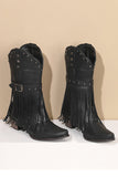 Retro Zwarte Fringe Riem Gesp Chunky Lage Hak Cowgirl Laarzen