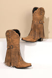 Retro Zwarte Fringe Riem Gesp Chunky Lage Hak Cowgirl Laarzen