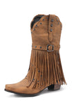 Retro Zwarte Fringe Riem Gesp Chunky Lage Hak Cowgirl Laarzen