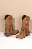 Retro Zwarte Fringe Riem Gesp Chunky Lage Hak Cowgirl Laarzen