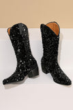 Glitter Zwarte Mid Calf Pailletten Snip Toe Chunky Hakken Laarzen