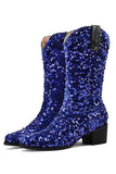 Glitter Zwarte Mid Calf Pailletten Snip Toe Chunky Hakken Laarzen