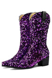 Glitter Zwarte Mid Calf Pailletten Snip Toe Chunky Hakken Laarzen