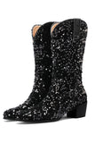 Glitter Zwarte Mid Calf Pailletten Snip Toe Chunky Hakken Laarzen