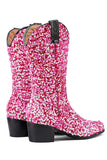 Glitter Zwarte Mid Calf Pailletten Snip Toe Chunky Hakken Laarzen