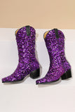 Glitter Zwarte Mid Calf Pailletten Snip Toe Chunky Hakken Laarzen