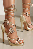 Dames Golden Metallic Strappy Stilletos Hakken Sandalen Schoenen met Vlinder