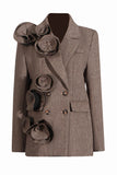 Koffie Visgraat Inkeping Revers Vrouwen Blazer met 3D Bloem