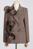 Koffie Visgraat Inkeping Revers Vrouwen Blazer met 3D Bloem