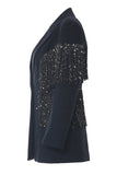 Sparkly Navy Peak Revers Dames Blazer met Franjes