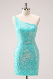 Sparkly Mint One Shoulder Tight Short Homecoming Jurk met pailletten