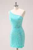 Sparkly Mint One Shoulder Tight Short Homecoming Jurk met pailletten