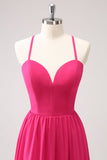 Fuchsia Spaghetti Bandjes Chiffon Lange Bruidsmeisje Jurk met Split