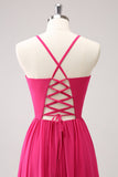 Fuchsia Spaghetti Bandjes Chiffon Lange Bruidsmeisje Jurk met Split