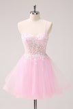 Roze A Line Spaghetti Bandjes Tule Corset Homecoming Jurk met Appliques