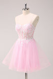 Roze A Line Spaghetti Bandjes Tule Corset Homecoming Jurk met Appliques