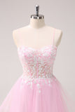 Roze A Line Spaghetti Bandjes Tule Corset Homecoming Jurk met Appliques