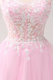 Roze A Line Spaghetti Bandjes Tule Corset Homecoming Jurk met Appliques