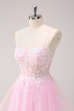 Roze A Line Spaghetti Bandjes Tule Corset Homecoming Jurk met Appliques