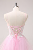 Roze A Line Spaghetti Bandjes Tule Corset Homecoming Jurk met Appliques