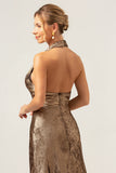 Gouden Zeemeermin Halter Nek Backless Thee Lengte Bruidsmeisje Jurk