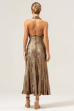 Gouden Zeemeermin Halter Nek Backless Thee Lengte Bruidsmeisje Jurk