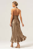 Gouden Zeemeermin Halter Nek Backless Thee Lengte Bruidsmeisje Jurk