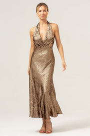 Gouden Zeemeermin Halter Nek Backless Thee Lengte Bruidsmeisje Jurk