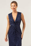 Sparkly Navy Schede V-hals pailletten thee lengte galajurk met split