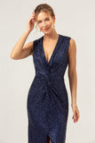 Sparkly Navy Schede V-hals pailletten thee lengte galajurk met split