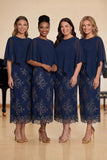 Marineblauwe schede Chiffon ronde hals midi koor jurk met wikkel