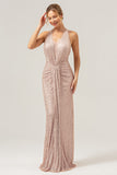 Glitter Blush Zeemeermin Halter Backless Lange Prom Jurk