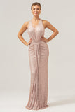 Glitter Blush Zeemeermin Halter Backless Lange Prom Jurk