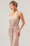 Glitter Blush Zeemeermin Halter Backless Lange Prom Jurk