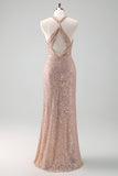 Glitter Blush Zeemeermin Halter Backless Lange Galajurk